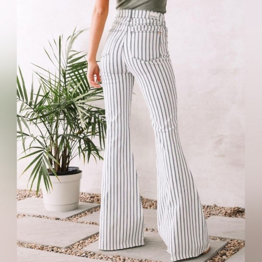Judy Blue White Vertical-Striped Flare Jeans - Picture 13 of 14